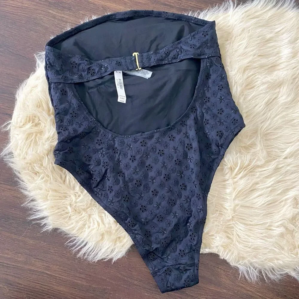 Victoria's Secret PINK  Frankies Bikinis Black Eyelet Strapless One Piece XL NWT
